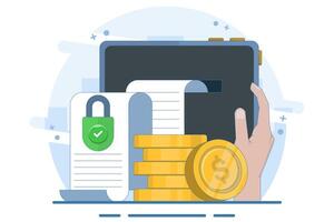 Concept of secure private key document for money as deposit slip agreement or cash income guarantee, privacy protection padlock on stack of coins, closed access permission. vector