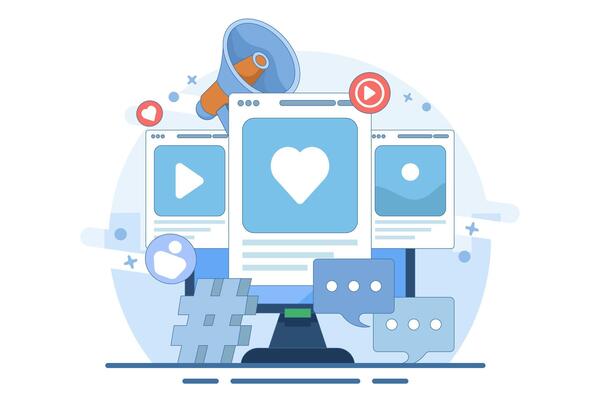 Social media marketing concept for landing page, web banner, app. Online business strategy, business content strategy, marketing materials, digital marketing online connection. Flat illustration.