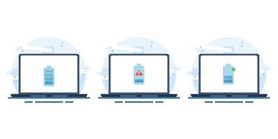 Laptop battery energy level indicator concept, low battery level, battery charging, fully charged battery. Flat illustration on isolated white background. vector