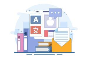 Modern online language learning classes, literal translation, language assistant, e-learning concept. Language courses for website and mobile app development. Flat illustration. vector