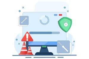 System maintenance concept, Error, Fixing problems, Device update, Software system is under maintenance, Software update process on device, updating operating system. illustration. vector