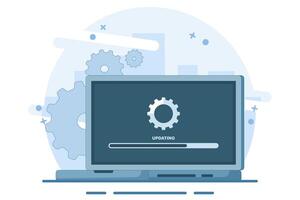 Laptop computer with software update screen, System maintenance, update process, operating system update, software installation, operating system. Flat illustration on background. vector