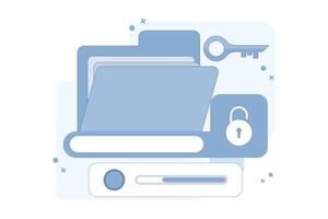 Data protection concept, data protection for personal privacy, data storage, information, protection, permission, rules, cyber safety and security. old giant file, key and lock. vector