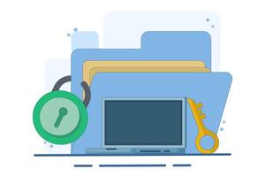 Data protection concept, data protection for personal privacy, data storage, information, protection, permission, rules, cyber safety and security. old giant file, key and lock. vector