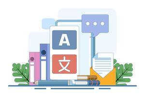 Modern online language learning classes, literal translation, language assistant, e-learning concept. Language courses for website and mobile app development. Flat illustration. vector