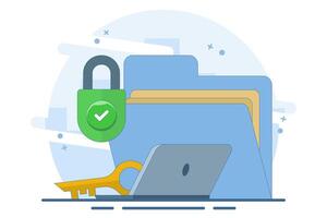 Data protection concept, data protection for personal privacy, data storage, information, protection, permission, rules, cyber safety and security. old giant file, key and lock. vector