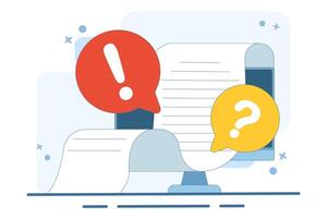 Concept Document file paper collaboration review comment. question mark and exclamation mark discussion about writing text content image clipart. illustration icon graphic flat. vector