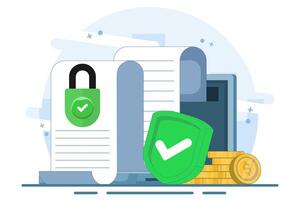 Concept of secure private key document for money as deposit slip agreement or cash income guarantee, privacy protection padlock on stack of coins, closed access permission. vector