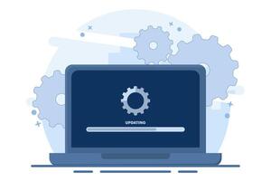 Laptop computer with software update screen, System maintenance, update process, operating system update, software installation, operating system. Flat illustration on background. vector