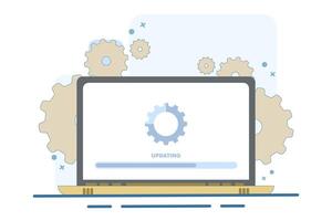 Laptop computer with software update screen, System maintenance, update process, operating system update, software installation, operating system. Flat illustration on background. vector