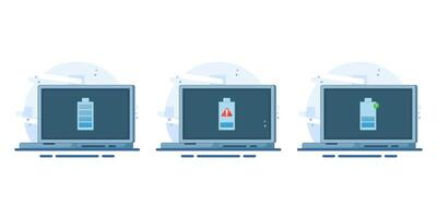 Laptop battery energy level indicator concept, low battery level, battery charging, fully charged battery. Flat illustration on isolated white background. vector