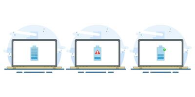 Laptop battery energy level indicator concept, low battery level, battery charging, fully charged battery. Flat illustration on isolated white background. vector