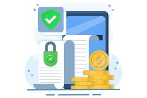 Concept of secure private key document for money as deposit slip agreement or cash income guarantee, privacy protection padlock on stack of coins, closed access permission. vector