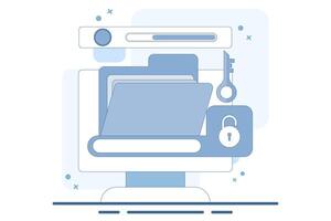 Data protection concept, data protection for personal privacy, data storage, information, protection, permission, rules, cyber safety and security. old giant file, key and lock. vector