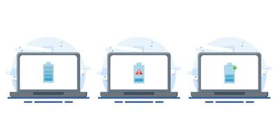 Laptop battery energy level indicator concept, low battery level, battery charging, fully charged battery. Flat illustration on isolated white background. vector