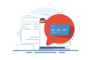 online payment concept on computer, flat cartoon paying big bill via payment card and laptop, financial accounting, electronic payment notification with digital receipt. illustration. vector