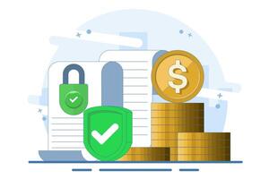 Concept of secure private key document for money as deposit slip agreement or cash income guarantee, privacy protection padlock on stack of coins, closed access permission. vector
