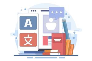 Modern online language learning classes, literal translation, language assistant, e-learning concept. Language courses for website and mobile app development. Flat illustration. vector