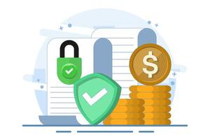 Concept of secure private key document for money as deposit slip agreement or cash income guarantee, privacy protection padlock on stack of coins, closed access permission. vector