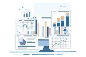 Performance monitoring concept. Research results and data analysis. Dashboards displaying growth data and statistical graphs. Devices with financial reports on the screen. vector