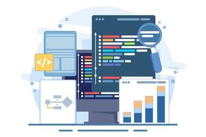 Computer programming concept or software or game development. illustration with coding symbols and programming windows. Information technology and computer engineering. Flat illustration. vector