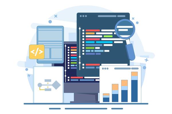 Computer programming concept or software or game development. illustration with coding symbols and programming windows. Information technology and computer engineering. Flat illustration.