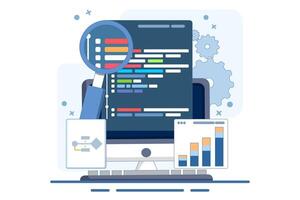 Computer programming concept or software or game development. illustration with coding symbols and programming windows. Information technology and computer engineering. Flat illustration. vector