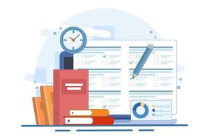 Concept of online exams on smartphones or computers. Online exams, opinion checklists, online education, questionnaire forms, survey metaphors, answering internet quizzes. vector