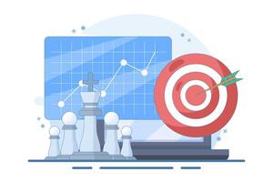 Strong business leadership concept, Line graph on screen and target board with bow and arrow with chess king and soldier on isolated background, Digital marketing illustration. vector