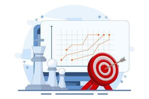 Strong business leadership concept, Line graph on screen and target board with bow and arrow with chess king and soldier on isolated background, Digital marketing illustration. vector