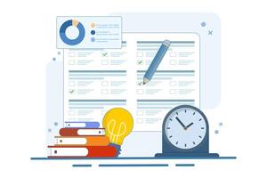 Concept of online exams on smartphones or computers. Online exams, opinion checklists, online education, questionnaire forms, survey metaphors, answering internet quizzes. vector