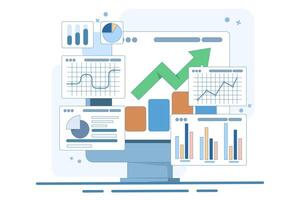Performance monitoring concept. Computer with financial reports on screen. Research results and data analysis. Dashboard displaying growth data and statistical graphs. vector