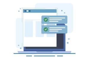 Website success notification concept with check mark, web updated task list with check mark on laptop computer flat cartoon , internet online digital check on pc report. vector