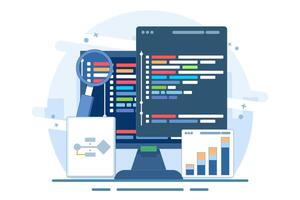 Computer programming concept or software or game development. illustration with coding symbols and programming windows. Information technology and computer engineering. Flat illustration. vector