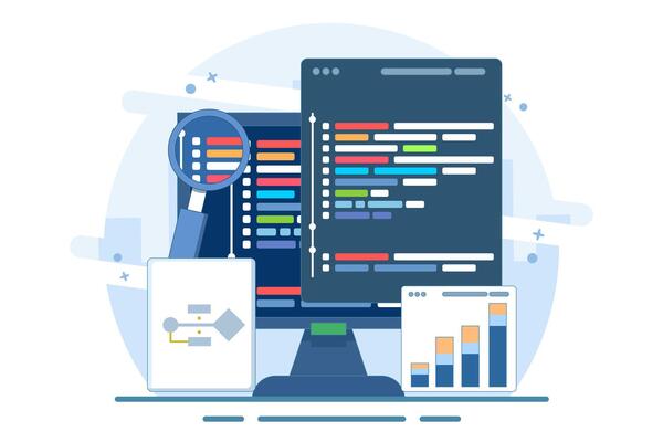 Computer programming concept or software or game development. illustration with coding symbols and programming windows. Information technology and computer engineering. Flat illustration.