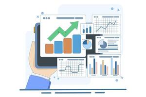 Performance monitoring concept. Computer with financial reports on screen. Research results and data analysis. Dashboard displaying growth data and statistical graphs. Illustration. vector