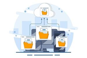Cloud computing concept with computer monitor, laptop and smart phone device in processing information and uploading and downloading data, cloud service data storage or transfer. flat illustration. vector