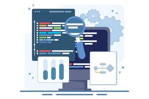 Computer programming concept or software or game development. illustration with coding symbols and programming windows. Information technology and computer engineering. Flat illustration. vector