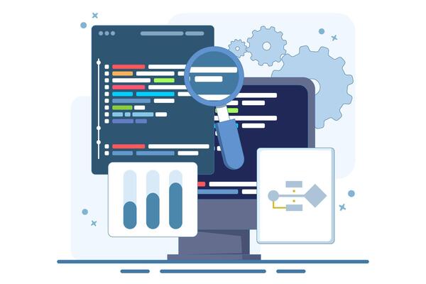 Computer programming concept or software or game development. illustration with coding symbols and programming windows. Information technology and computer engineering. Flat illustration.