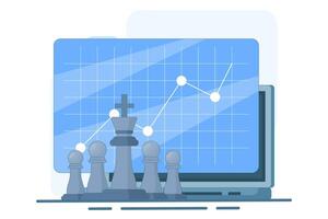 Strong business leadership concept, Line graph on screen and target board with bow and arrow with chess king and soldier on isolated background, Digital marketing illustration. vector