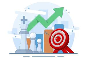 Strong business leadership concept, Line graph on screen and target board with bow and arrow with chess king and soldier on isolated background, Digital marketing illustration. vector