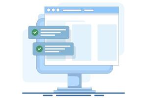 Website success notification concept with check mark, web updated task list with check mark on laptop computer flat cartoon , internet online digital check on pc report. illustration. vector