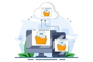 Cloud computing concept with computer monitor, laptop and smart phone device in processing information and uploading and downloading data, cloud service data storage or transfer. flat illustration. vector