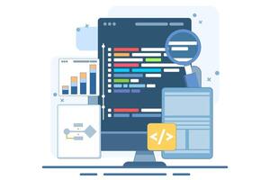 Computer programming concept or software or game development. illustration with coding symbols and programming windows. Information technology and computer engineering. Flat illustration. vector