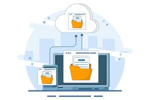 Cloud computing concept with computer monitor, laptop and smart phone device in processing information and uploading and downloading data, cloud service data storage or transfer. flat illustration. vector