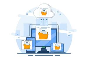 Cloud computing concept with computer monitor, laptop and smart phone device in processing information and uploading and downloading data, cloud service data storage or transfer. flat illustration. vector