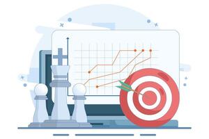 Strong business leadership concept, Line graph on screen and target board with bow and arrow with chess king and soldier on isolated background, Digital marketing illustration. vector