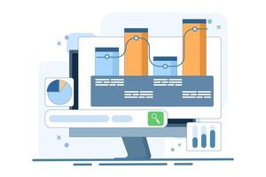 Graph search concept, business financial data analysis. Big data and analysis, documents with graphs, flat illustrations. vector
