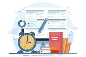 Concept of online exams on smartphones or computers. Online exams, answering internet quizzes. questionnaire forms, opinion checklists, online education, survey metaphors. vector