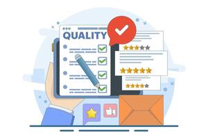 Quality control concept implementing quality control process. quality control or approval, assurance checklist document, assurance concept, company policy or compliance. flat illustration. vector